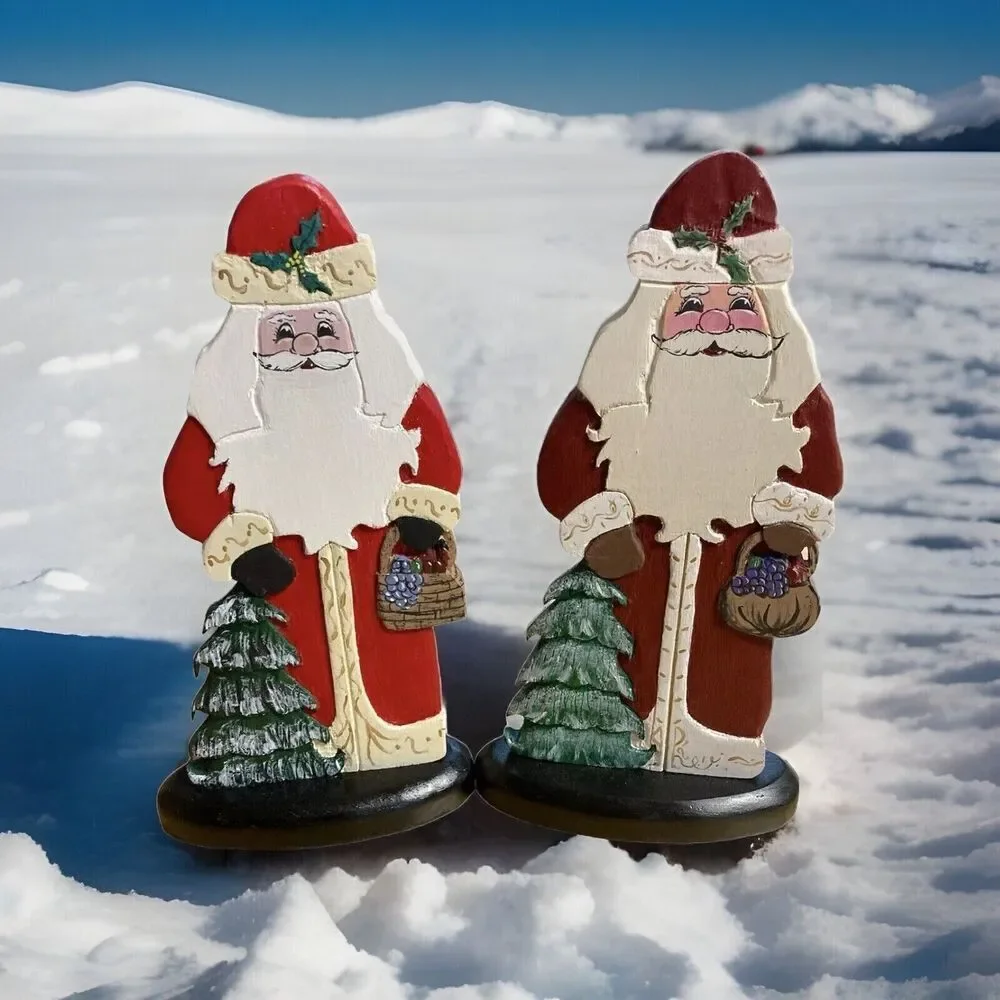 Vtg Handpainted Wooden Santas w Xmas Trees 10.25in Tall 5.5in Base Holiday Decor